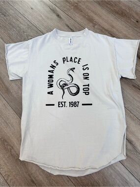 Graphic Snake Tee by PEBBY FOREVEE- “A Woman's Place Is On Top' in beige